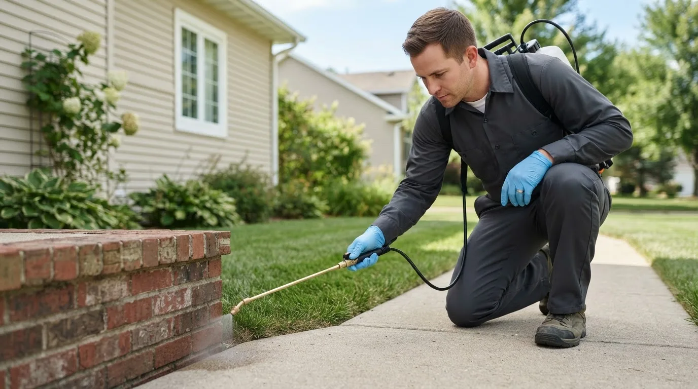 Pest control technician treating a home near Cushing, OK