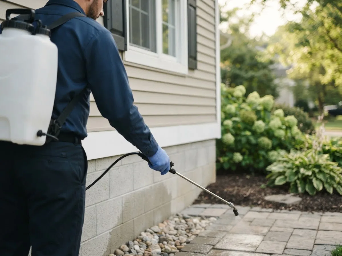Pest control technician inspecting a home in Cushing, OK